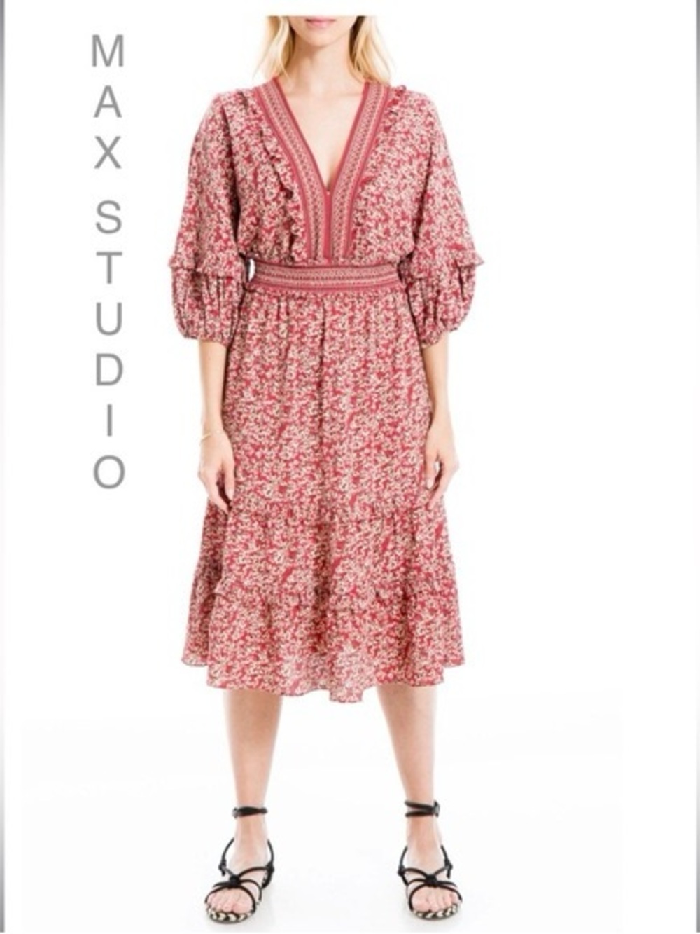 Max Studio red and Pink Floral V-Neck Midi Dress size large